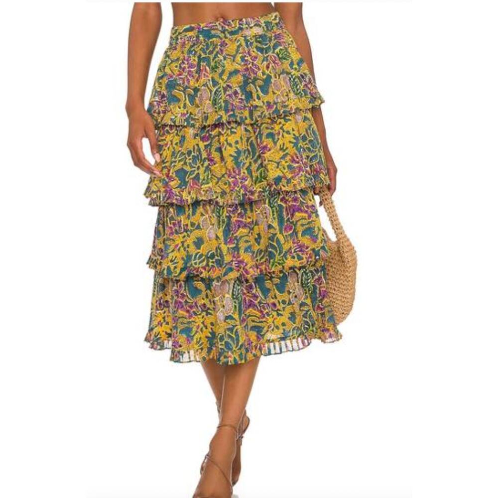 CLEOBELLA lana midi skirt layered tiered indo block yellow blue print Medium